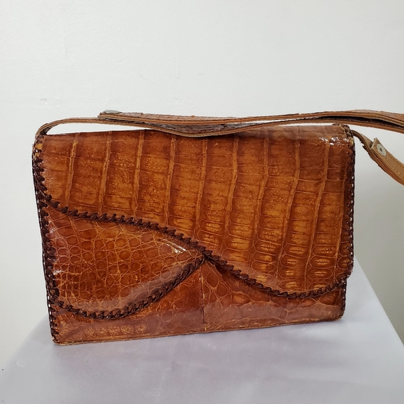 Vintage 70's Reptile Skin Satchel Tan Triangular Lacing - Picture 2 of 10